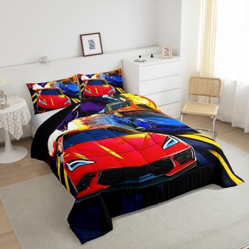 Feelyou Racing Car Bedding Set Queen Size Red Blue Racing Car Comforter Set for Kids Boys Teens Dinosaur Monster Duvet Set Fast and Furious Quilt Set 3Pcs