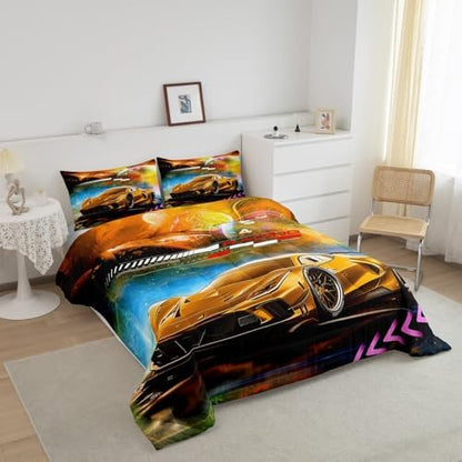 Feelyou Orange Race Car Bedding Set King Size for Kids Boys Extreme Sports Car Comforter Set Decorations Teens Toddler Galaxy Planet Duvet Set Cool Modern Quilt Set 3Pcs