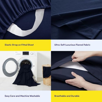 Flannel Sheets Warm and Cozy Deep Pocket Breathable All Season Bedding Set with Fitted, Flat and Pillowcases, Full, Navy