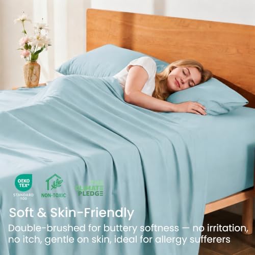 GOKOTTA 4 Piece Queen Sheet Set - Soft, Breathable & Cozy - Baby Blue