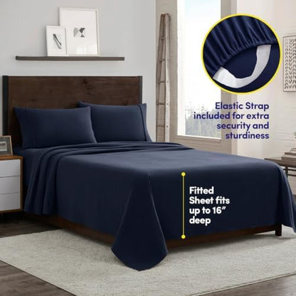 Flannel Sheets Warm and Cozy Deep Pocket Breathable All Season Bedding Set with Fitted, Flat and Pillowcases, Twin, Navy