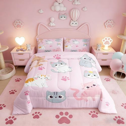 Erosebridal Kids Cat Comforter Set Queen Size Cute Colorful Cats Bedding Set for Girls Kawaii Room Decor,Pink Pet Animal Paw Down Comforter Grey Orange Cat Bed Set Soft Quilt Duvet Set 2 Pillow Cases