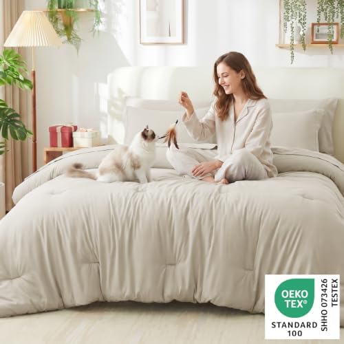 CozyLux Twin Comforter Set Beige, 5 Pieces Bed in a Bag Twin Comforter Set with Sheets, Soft Bedding Sets with Down Alternative Comforter, Sheets, Pillowcase & Sham, Soft Bed Set for All Seasons