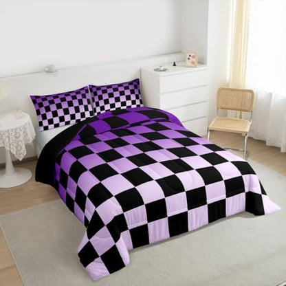 Feelyou Checkered Kids Comforter Set Twin Size Modern Geometric Gradient Purple Black Bedding Set Cute Neutral Plaid Duvet Quilt for Kids Boys Girls Bedroom Vintage Aesthetic Decor