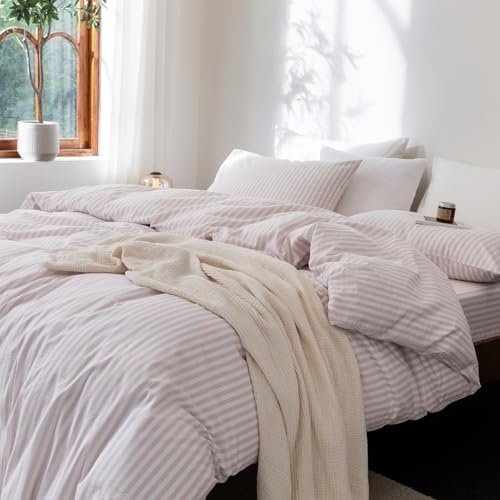 FOSSA Striped Duvet Cover Set Washed Cotton Linen Feel Oversized King Plus