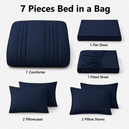 Twin Comforter Set with Sheet Navy Blue, 5 Pieces Bed in a Bag