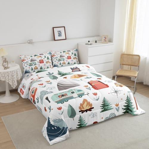 Homewish Camping Comforter Set King Size,Cartoon Pine Tree Bedding Set 3Pcs for Kids Girls Boys Teens Room Decor,Camper Adventure Theme Quilt Set Mountain Tent Pattern Duvet Insert,2 Pillowcases