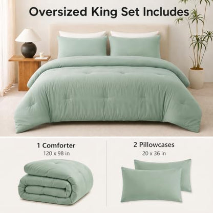 CozyLux Oversized King Comforter Set, 3 Pieces Sage Green Quilted Bedding