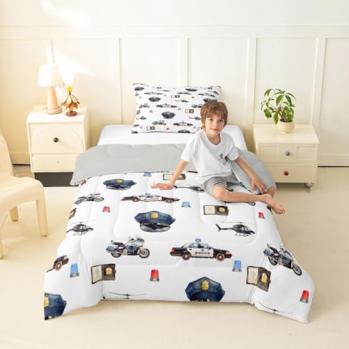 Feelyou Police Car Comforter Set Toddler Size Policeman Vehicle Bedding Set for Kids Boys Girls Aircraft Cartoon Car Duvet Quilt Bedroom Decor Microfiber 2 Pcs with 1 Pillow Case