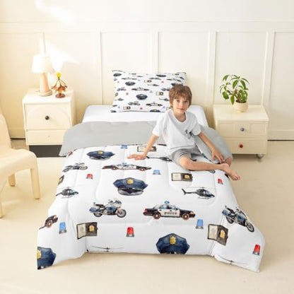 Feelyou Police Car Comforter Set Toddler Size Policeman Vehicle Bedding Set for Kids Boys Girls Aircraft Cartoon Car Duvet Quilt Bedroom Decor Microfiber 2 Pcs with 1 Pillow Case