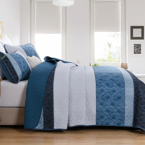 Cottolester Navy Blue Quilt Set Queen,Striped Plaid Bedspread Coverlet Set