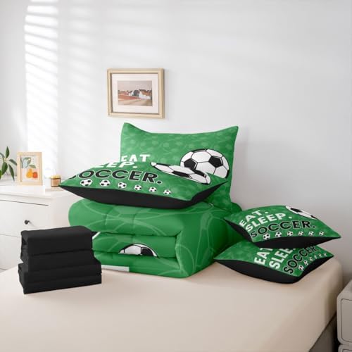 Erosebridal Soccer Gaming Green Full Comforter Set 7 Pieces | Playground Boys Bed in A Bag for Bedroom Ball Games Theme Bedding Set with Comforters Football Sports Room Decor