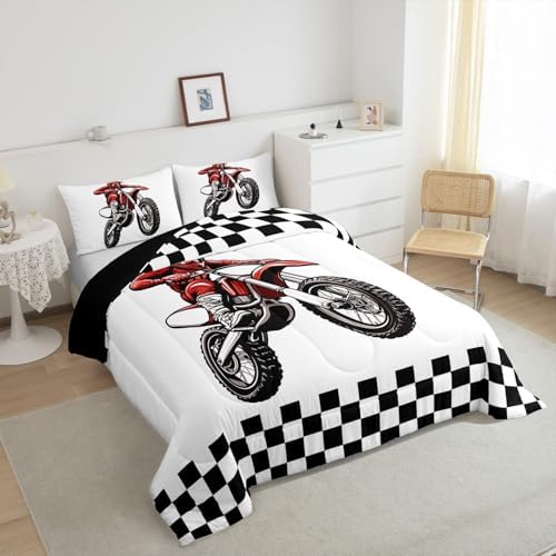 Feelyou Dirt Bike Bedding Set Kids Boys Girls Queen Size Racing Motocross Rider Comforter Set Teen Adult Ultra Soft Motorcycle Racer Comforter Extreme Sports Duvet Quilt Black and White Check Quilt