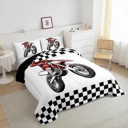 Feelyou Dirt Bike Bedding Set Kids Boys Girls Queen Size Racing Motocross Rider Comforter Set Teen Adult Ultra Soft Motorcycle Racer Comforter Extreme Sports Duvet Quilt Black and White Check Quilt