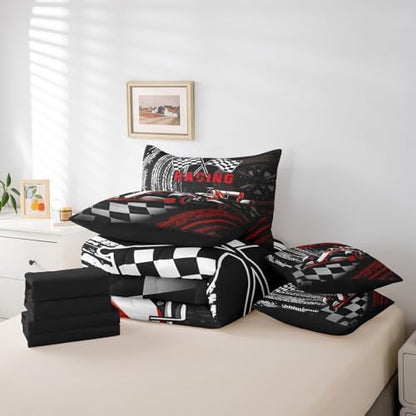 Racing 7 Pcs Comforter Set Twin Size Bed in a Bag,Extreme Race Car Player Bed Set Room Decor,Abstract Wheel Print Bedding Sets with Comforter,Flat,Fitted Sheet,Pillowcases,Pillow Covers
