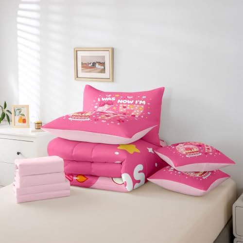 Erosebridal Pink 67 Bow Bedding Set 7 Piece Full Size for Girls Kawaii Love Heart Princess Comforter Set for Kids Teen Women,Six Seven Bed in A Bag with Sheets Cute Girly Bed Sets