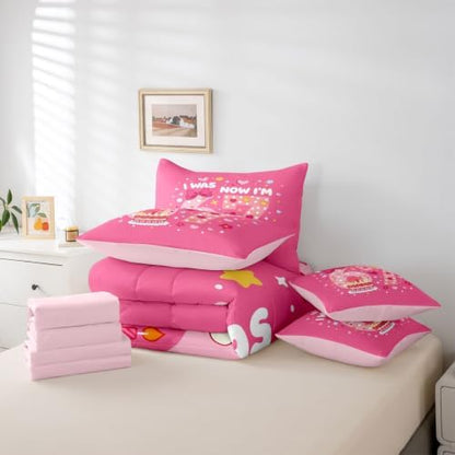 Erosebridal Pink 67 Bow Bedding Set 7 Piece Full Size for Girls Kawaii Love Heart Princess Comforter Set for Kids Teen Women,Six Seven Bed in A Bag with Sheets Cute Girly Bed Sets