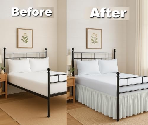 Ruffled Bed Skirt Split Corners with Platform, Tailored Fit Hotel Quality Wrinkle Free Ultra-Soft Microfiber Dust Ruffle, Upto 14 Inch Drop, Queen, Ivory