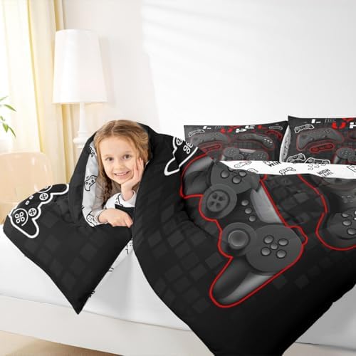 Video Gampad Comforter Set King Size,Video Games Bedding Set 3pcs for Kids Teens Boys Gamer Room Decor,Gaming Equipment Quilt Set Black Modern Grid Quilted Bedspread 2 Pillowcases,Black Reversible