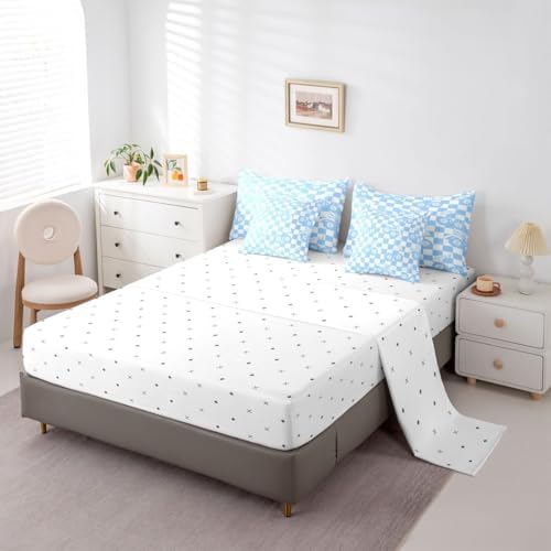 Erosebridal Y2K Trendy Lucky 8 Ball 7 Piece Comforter Set Twin Blue Cherry Bow Bedding Set for Kids Boys Girls Preppy Room Decor,Girly Fashion Y2K Bed in A Bag Geometric Checkerboard Plaid Bed Set