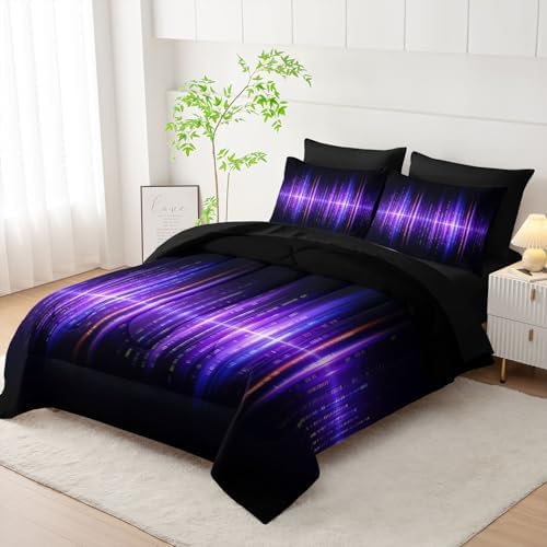 7Pcs Geometric Stripes Comforter Set Purple Gradient Lines Printed Bedding Set with 1 Comforter, 1 Flat Sheet, 1 Fitted Sheet and 4 Pillowcases for Boys and Girls Bedroom (Lines Full