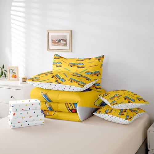 Erosebridal School Bus 7 Pcs Bedding Set Twin for Home, School Truck Bed in A Bag for Kids Boys Girls Teens Bedroom Decor, Cartoon Car Theme Comforter Set with Sheets, Yellow Bed Sets