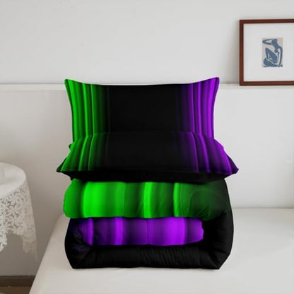 Feelyou Teens Abstract Ombre Decorations Bedding Set for Kids Women Green Purple and Black Comforter Set Geometric Modern Quilt Set Room 3Pcs Queen Size