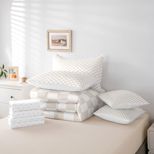 jejeloiu Beige Bedding Set 7Pcs Queen Size Kids Plaid Checkered Comforter Set with Sheets for Boys Girls Classic Grid Buffalo Check Bed in a Bag Soft Lightweight,Microfiber