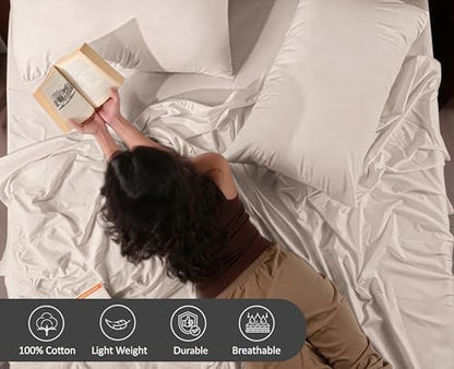 RUVANTI 100% Cotton Twin XL Sheets, Percale Weave Twin XL Set, Soft Beige