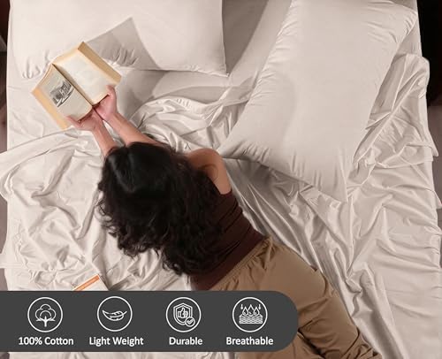 RUVANTI 100% Cotton Full Sheet Set, Percale Full Size Sheets, Soft Beige