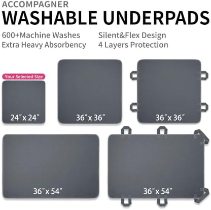 Accompagner Incontinence Bed Pads Washable Waterproof, Ultra-Absorbent Reusable Underpads for Diaper Changing, Nursing, Bedridden, Adults, Seniors, Kids and Dogs (Dark Gray, 24"x24"(Pack of 6))