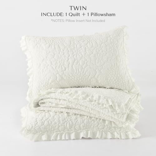 HORIMOTE HOME Shabby Chic Ruffled Quilt Twin Size, Cream White Floral Quilt Set Lightweight Crinkled Farmhouse Rustic Bedding Set, 2 Pieces Reversible Bedspread with Pillow Sham for All Season