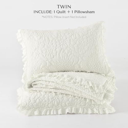 HORIMOTE HOME Shabby Chic Ruffled Quilt Twin Size, Cream White Floral Quilt Set Lightweight Crinkled Farmhouse Rustic Bedding Set, 2 Pieces Reversible Bedspread with Pillow Sham for All Season