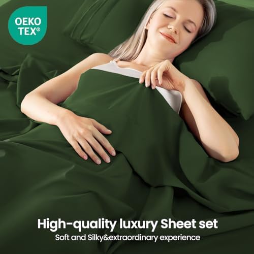 ROSE&RISY Dark Olive Green King Sheet Set, 4 Pcs Soft Bedding King Sheet Set, Breathable and Cooling,Includes 1 Fitted Sheet, 1 Flat Sheet, 2 Pillowcases - Deep Pocket (Dark Olive Green, King)