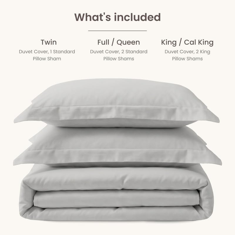 BIOWEAVES 100% Organic Cotton Full/Queen Duvet Cover Set, 3-Piece, 300 Thread Count Sateen Weave GOTS Certified Comforter Cover with Buttoned Closure and 2 Pillow Shams – Silver, 90x90 inches