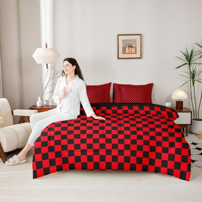 jejeloiu Red Black Bedding Set 7Pcs King Size Kids Plaid Checkered Comforter Set with Sheets for Boys Girls Classic Grid Buffalo Check Bed in a Bag Soft Lightweight,Microfiber
