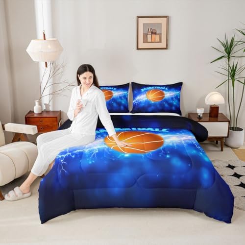 Glowing Basketball Comforter Set Twin Size 3D Flame and Lightning Basketball Bedding Set for Kids Boys Teens Bedroom Decor Ball Sports Games Quilted Duvet Cool Blue Duvet Insert,1 Pillowcase