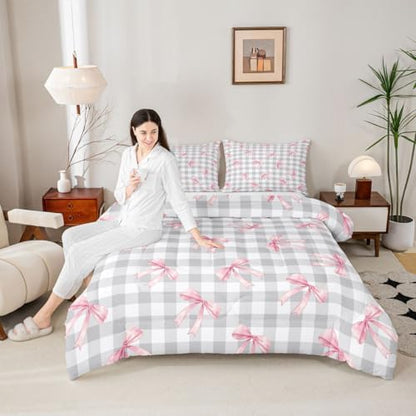 jejeloiu Checkerboard Bowknot Comforter Set Pink Bow Bedding Set Kids Twin