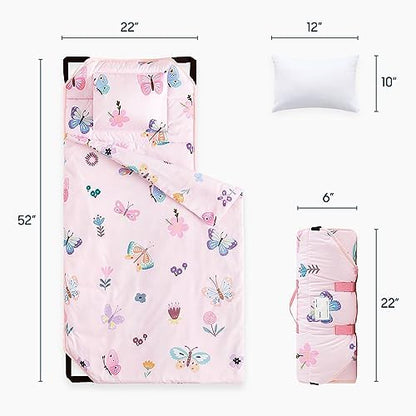 Wake In Cloud - Cot Nap Mat with Pillow and Blanket, for Toddler Kids Girls in Daycare Kindergarten Preschool Pre K with Elastic Corner Straps, Cute Butterfly Flowers, Pink