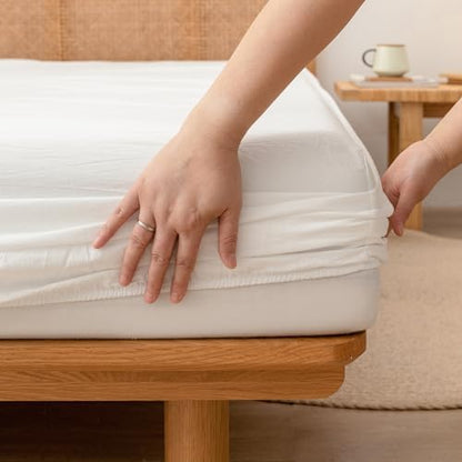 BESTOUCH King Washed Cotton Linen Feel Sheet Set, 4 Pcs Solid Off White