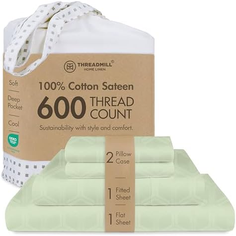 Threadmill 600TC Cotton King Sheet Set, Sateen, Jacquard, Sage Green