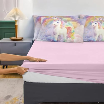 5PCS Unicorn Comforter Sets Queen Pink Color,Pink Queen Comforter Set for Girls,Kids,Teens,Cute Unicorn Bed Set,All Season Use