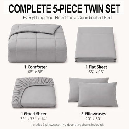 CozyLux Twin Comforter Set French Grey - 5 Pieces Bed in a Bag