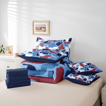 Erosebridal Camo 7 Piece Bedding Set Full Deer Hound Comforter Set with Sheets Wolf Bear Theme Camouflage Bed in a Bag Turkey Red Blue Woods Retro for Kids Boys Girls