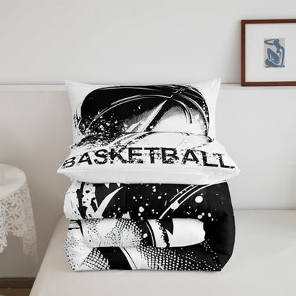 Basketball Comforter Set Queen for Boys Kids Sports Games Room Decor Black White Watercolor Comforter Aldults Bedroom Tie-dye Bedding Set 1 Comforter with 2 Pillow Cases,Lightweight Warm Soft
