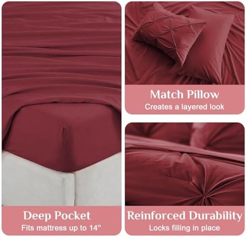 JOLLYVOGUE Twin Comforter Set 5 Pieces - Bed in a Bag Twin for All Season, Pintuck Bedding Comforter Sets with Comforter, Flat Sheet, Fitted Sheet and Pillowcases & Shams, Burgundy
