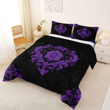 Feelyou Purple Gothic Bedding Set Soft for Boys Girls, Vintage Damask Boho Comforter Set King Size Exotic Victorian Duvet Quilt Microfiber Bedroom Decor 3 Pcs with 2 Pillow Cases