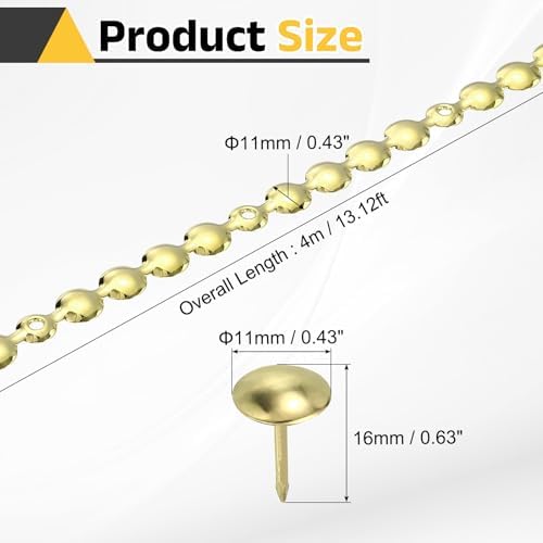 uxcell Upholstery Nailhead Trim, 4 Meters Glossy Upholstery Tacks Strips, Decorative Nail Trims with Nails for Sofa Headboard, Chair DIY Furniture Accessory (11mm Gold)