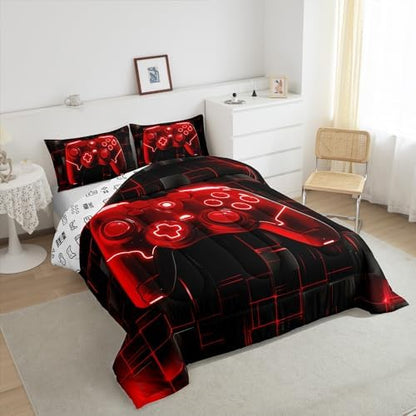 Manfei Kids Games Comforter Set King Size, Red Gaming Bedding Set for Boys Girls Teens Bedroom Decor, Black Video Gamer Controller Down Comforter, Reversible Gamepad Quilt Set, 2 Pillowcases