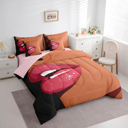 Erosebridal Black Girls Pink Comforter Sets 7 Piece for Kids African Black Women King Sheet Set Vogue Fashion Gorgeous Bedding Set for Girls Women Teens Minimalist Romantic Makeup Bed in A Bag